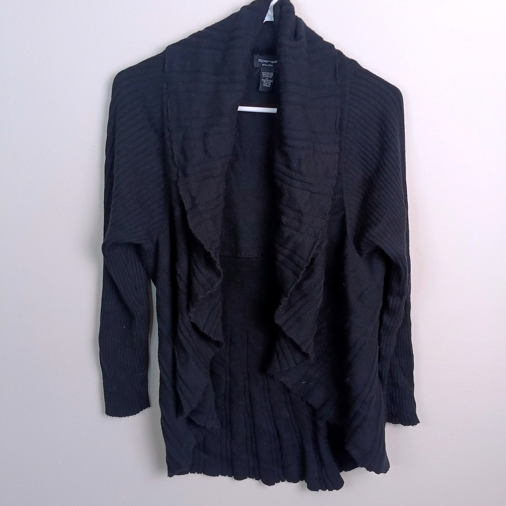 Spense Studio Cardigan Womens XL Black Excellent Open Front Ruffle Ribbed Knit